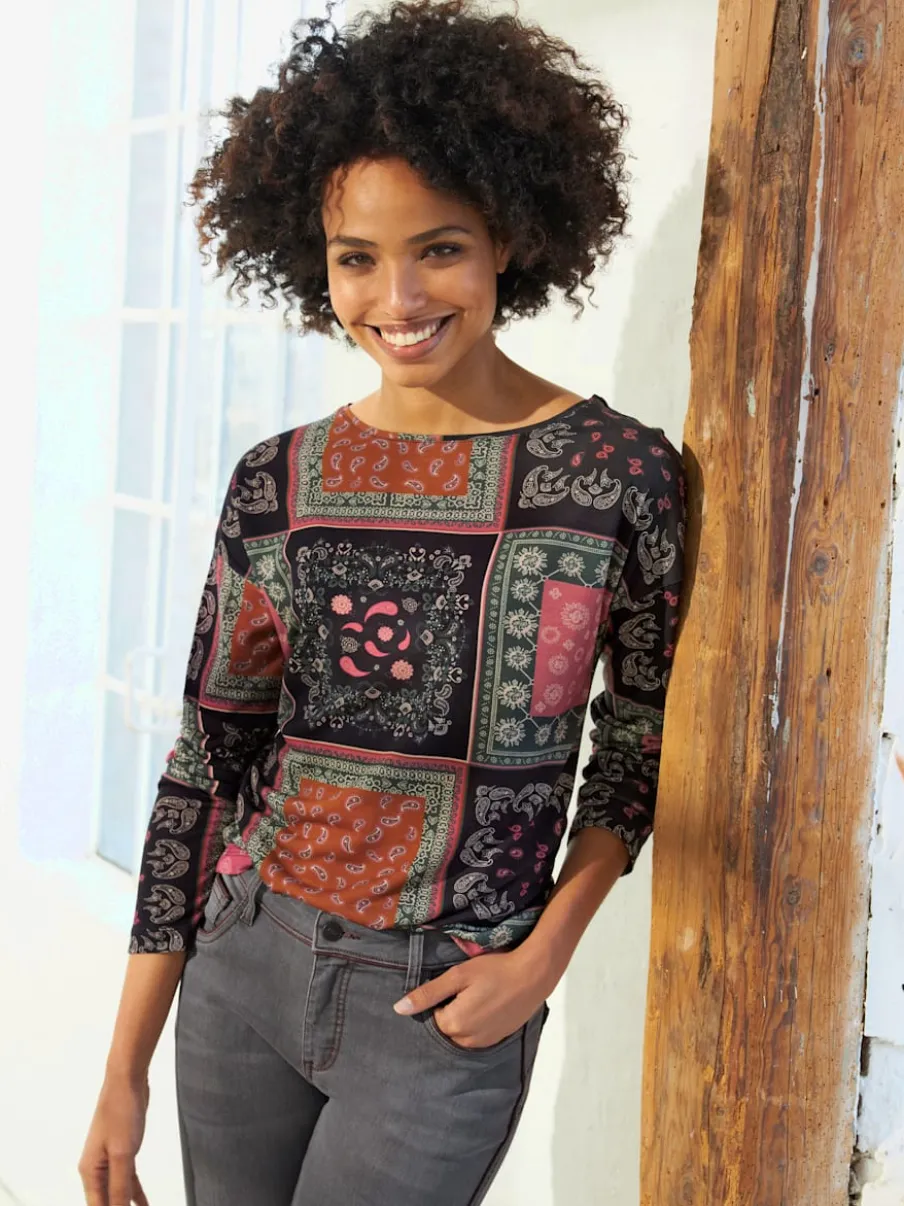 T-shirt à encolure ronde manches longues motif patchwork