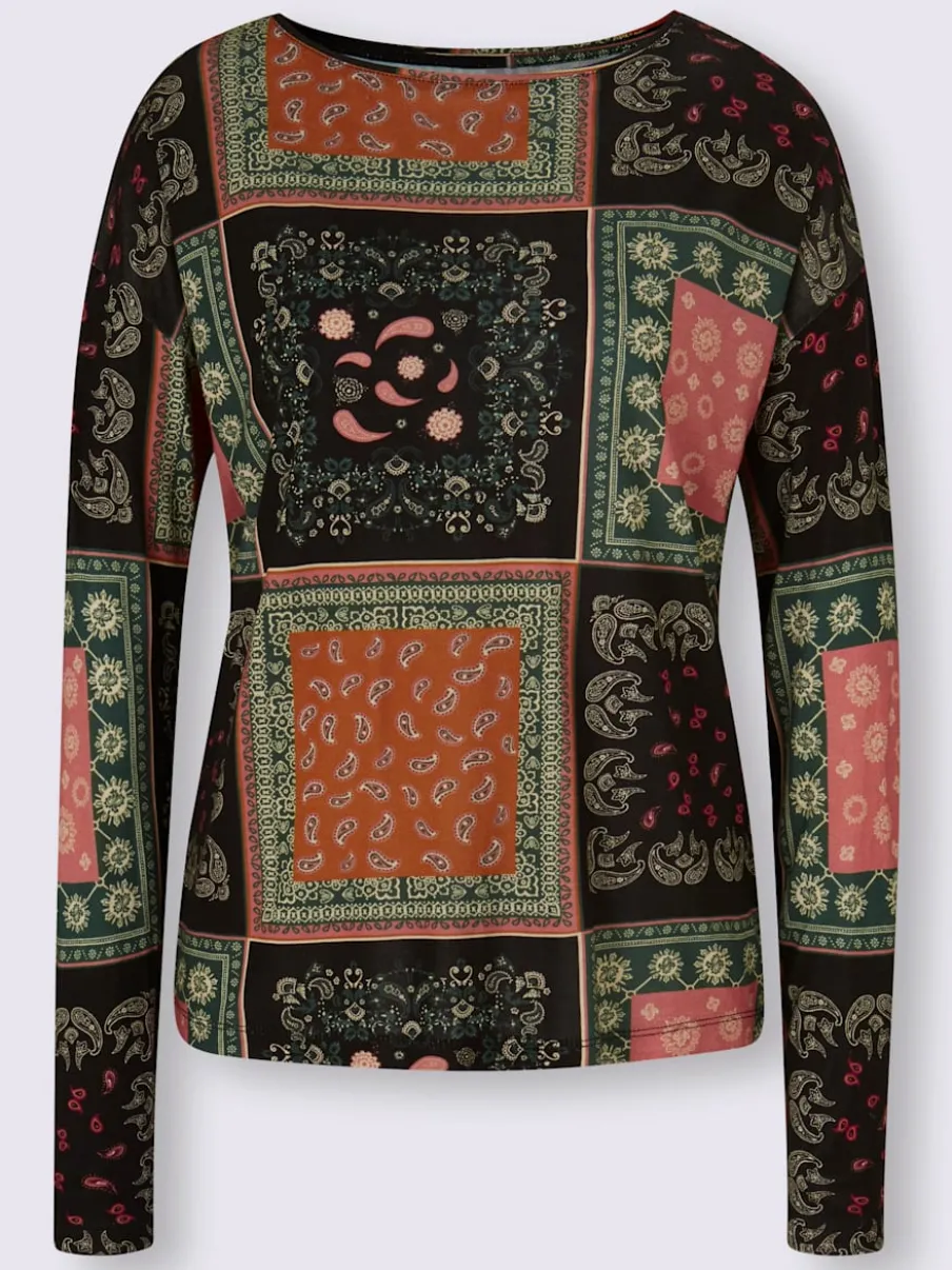 T-shirt à encolure ronde manches longues motif patchwork