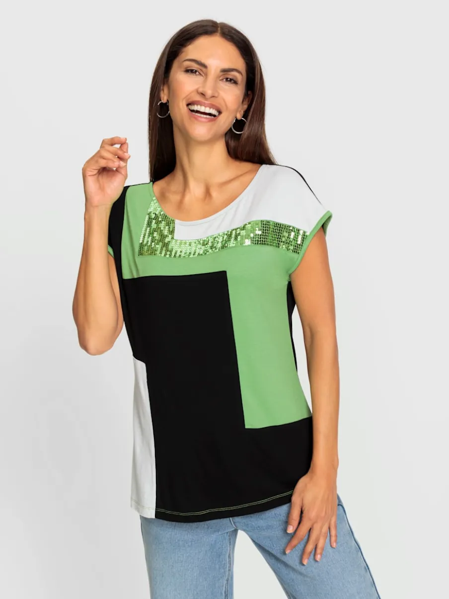 T-shirt à encolure ronde motif patchwork et paillettes scintillantes