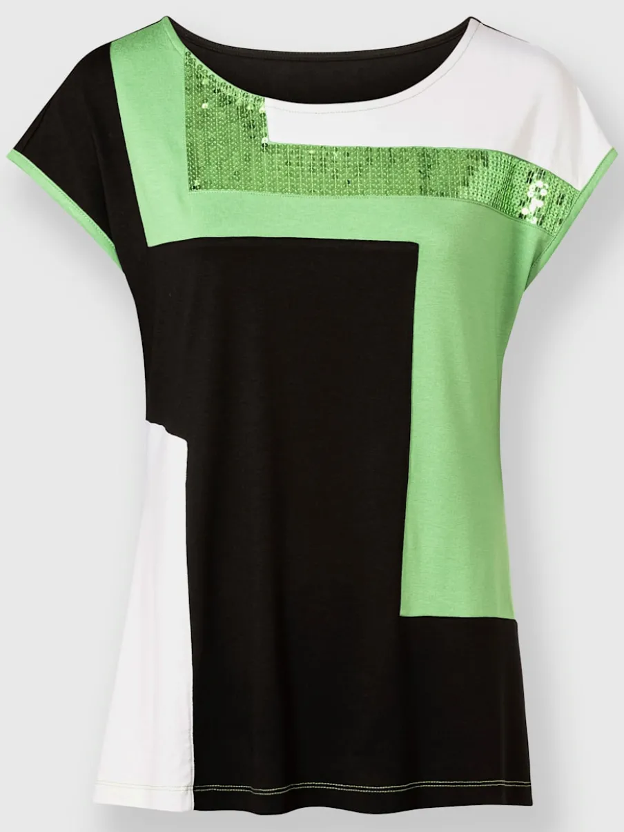 T-shirt à encolure ronde motif patchwork et paillettes scintillantes
