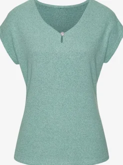 T-shirt à encolure V avec bouton brillant et strass