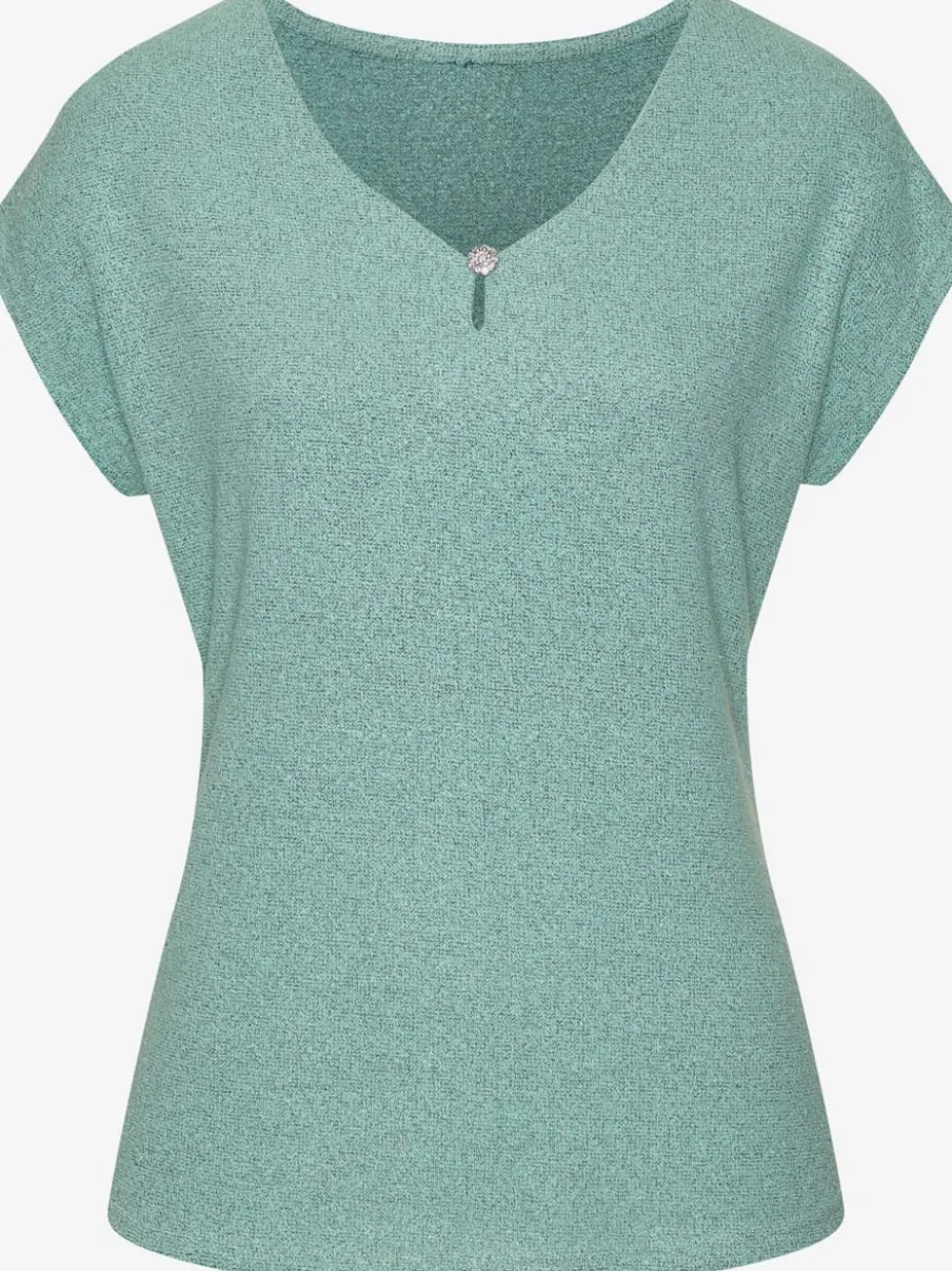 T-shirt à encolure V avec bouton brillant et strass