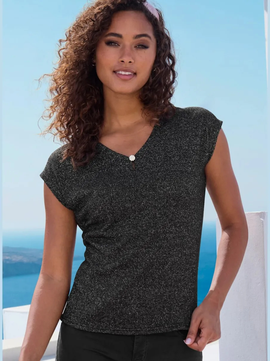 T-shirt à encolure V avec bouton brillant et strass