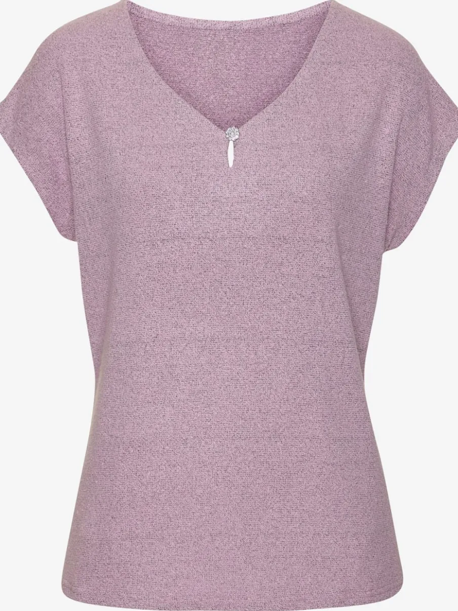 T-shirt à encolure V avec bouton brillant et strass