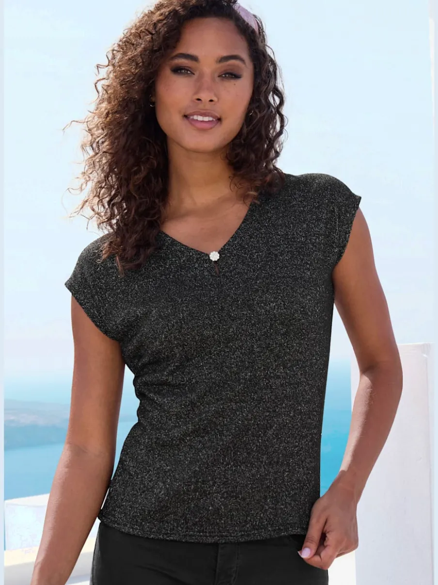 T-shirt à encolure V avec bouton brillant et strass