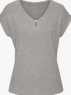 T-shirt à encolure V avec bouton brillant et strass