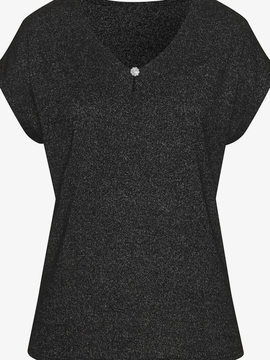 T-shirt à encolure V avec bouton brillant et strass
