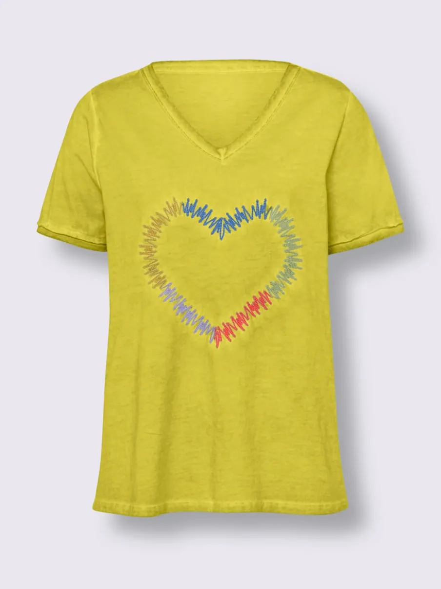 T-shirt encolure V broderie cœur devant et ourlets frangés