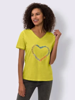 T-shirt encolure V broderie cœur devant et ourlets frangés