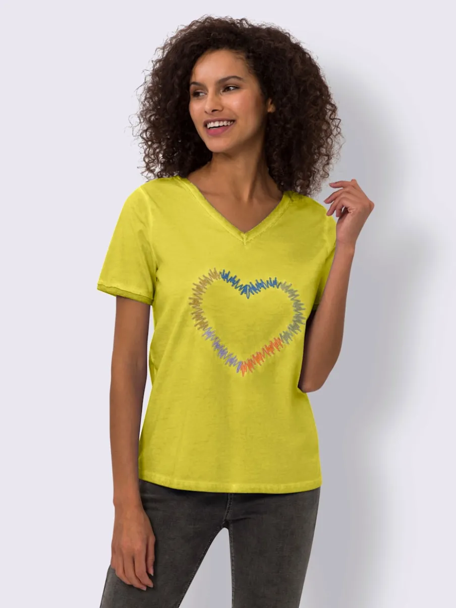 T-shirt encolure V broderie cœur devant et ourlets frangés
