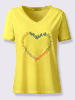 T-shirt encolure V broderie cœur devant et ourlets frangés