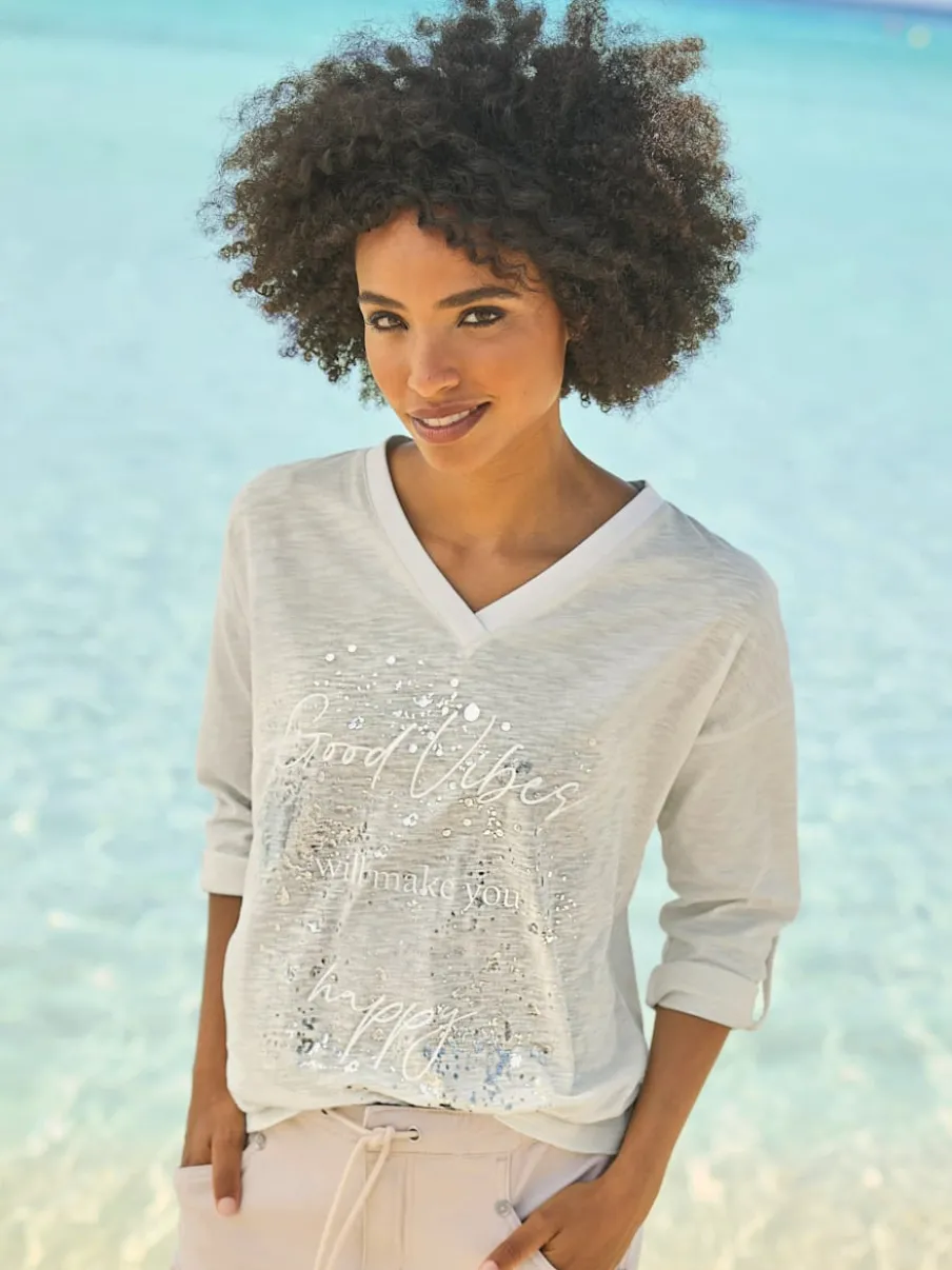T-shirt encolure V à imprimé lumineux et manches 3/4
