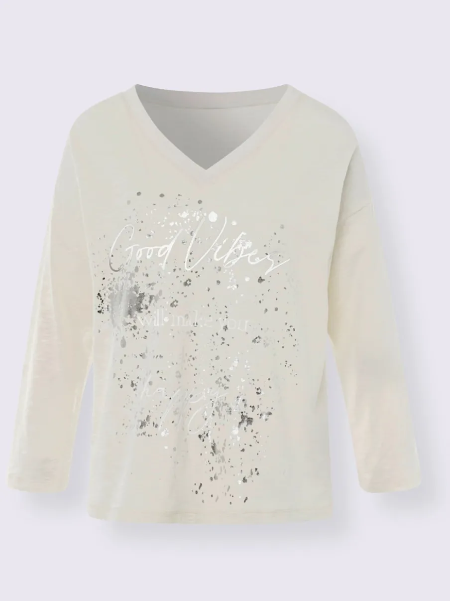 T-shirt encolure V à imprimé lumineux et manches 3/4