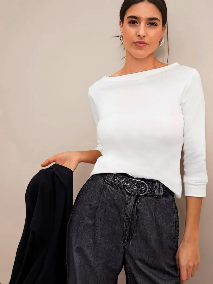 T-shirt en coton à encolure dégagée et manches 3/4