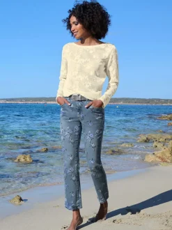 T-shirt en dentelle avec col en U et manches longues