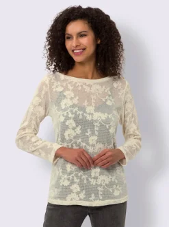 T-shirt en dentelle avec col en U et manches longues
