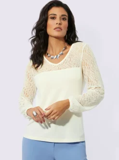 T-shirt en dentelle col en V manches longues raffinées