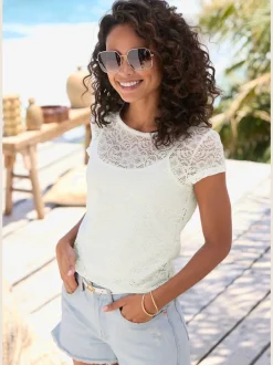 T-shirt en dentelle à encolure ronde et manches courtes