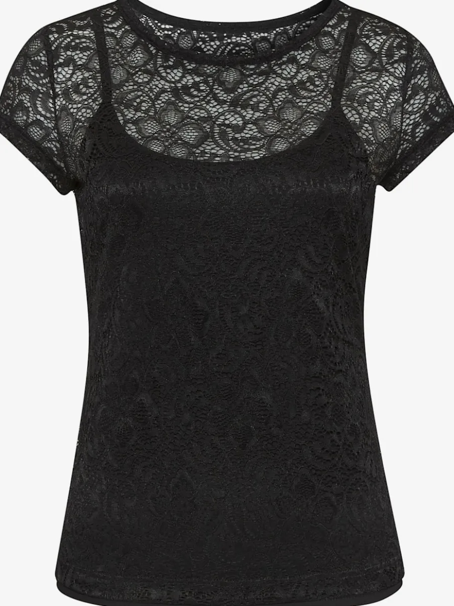 T-shirt en dentelle à encolure ronde et manches courtes
