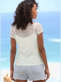 T-shirt en dentelle à encolure ronde et manches courtes