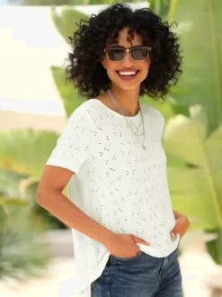T-shirt en dentelle transparente à encolure ronde manches courtes