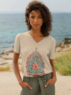 T-shirt en fil flammé avec col V et imprimé graphique