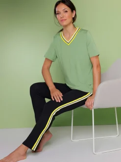 T-shirt en modal avec col en V et rayures sportives