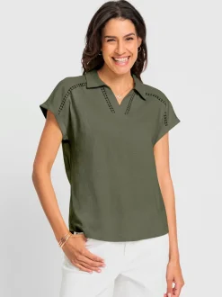 T-shirt en V avec dentelle sur col chemise