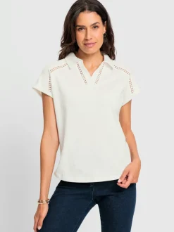 T-shirt en V avec dentelle sur col chemise