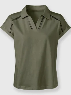 T-shirt en V avec dentelle sur col chemise