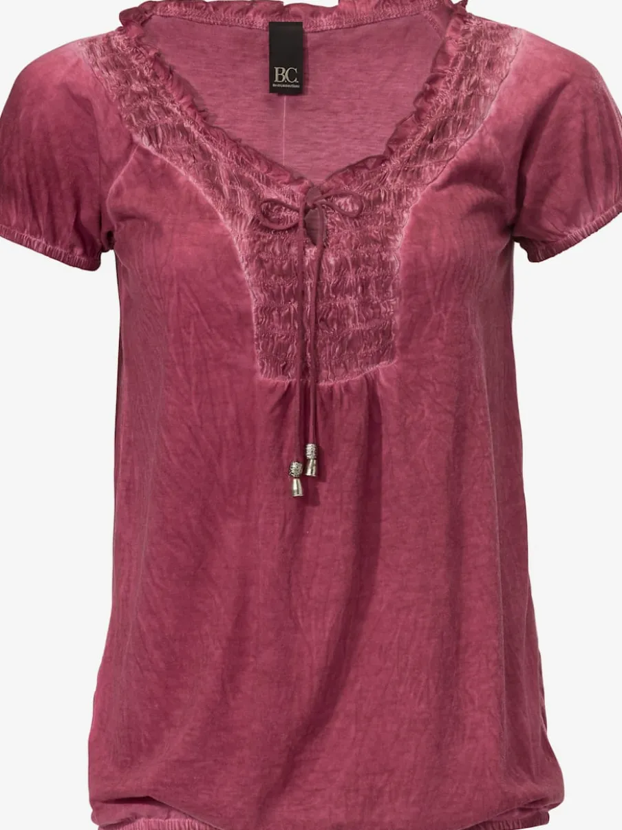 T-shirt en V avec empiècement smocké et ourlet élastiqué