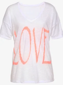 T-shirt en V avec imprimé LOVE et mancherons courts