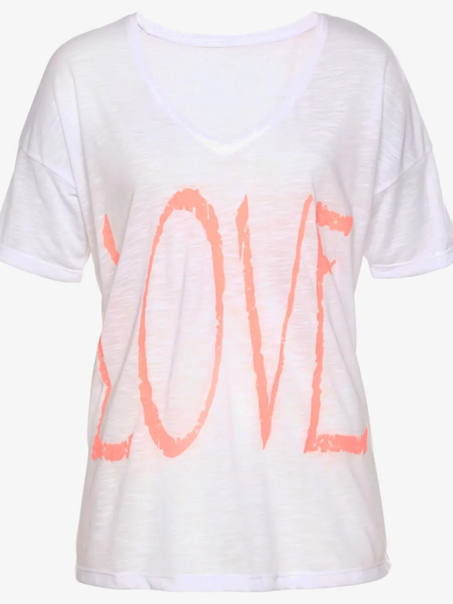 T-shirt en V avec imprimé LOVE et mancherons courts