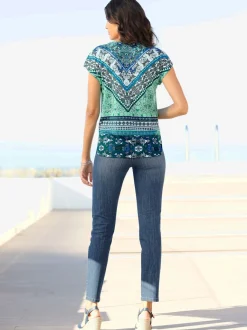 T-shirt en V à manches courtes avec motifs intégrés et pierres fantaisie