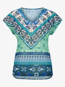 T-shirt en V à manches courtes avec motifs intégrés et pierres fantaisie