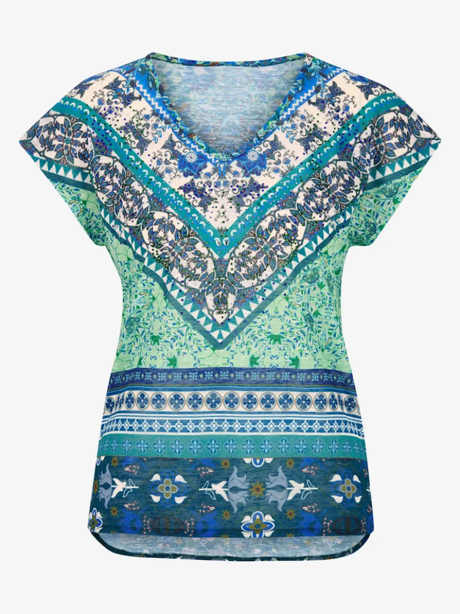 T-shirt en V à manches courtes avec motifs intégrés et pierres fantaisie