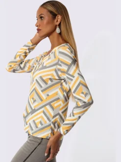 T-shirt en V à motifs géométriques avec manches longues et viscose ECOVERO
