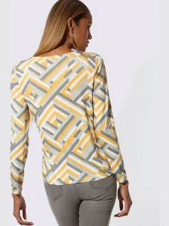 T-shirt en V à motifs géométriques avec manches longues et viscose ECOVERO