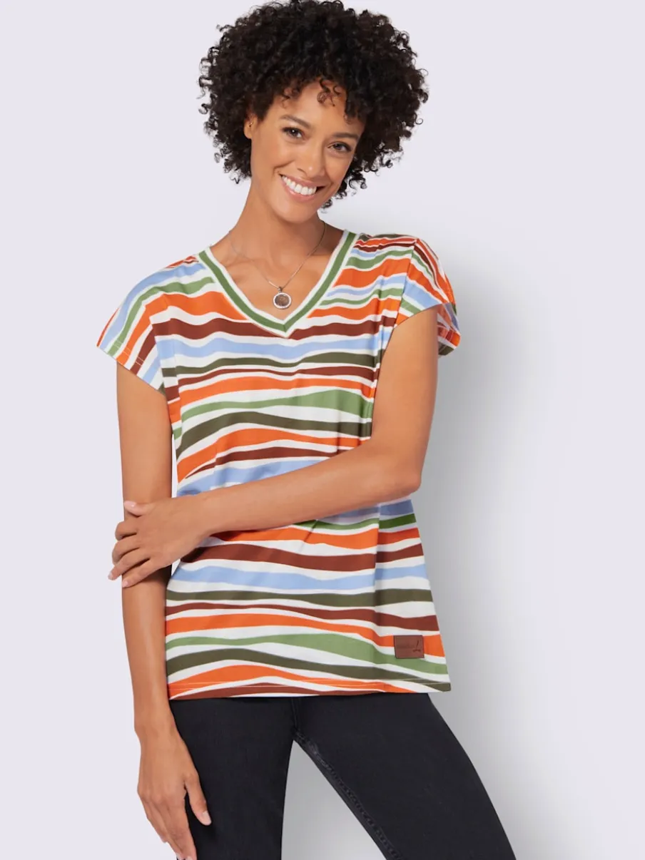 T-shirt en v pur coton à manches décontractées avec motif rayé