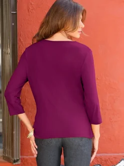 T-shirt femme avec col bénitier et manches 3/4 fluide