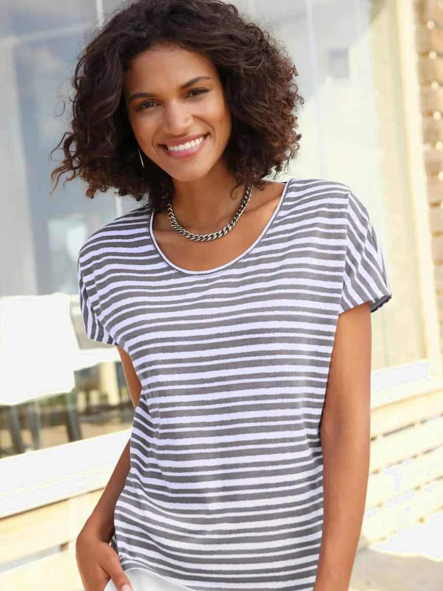 T-shirt femme col rond à rayures avec manches courtes