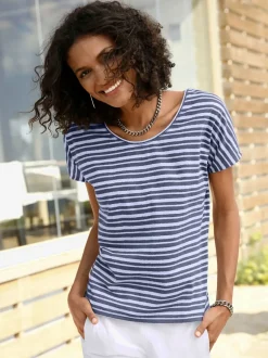 T-shirt femme col rond à rayures avec manches courtes