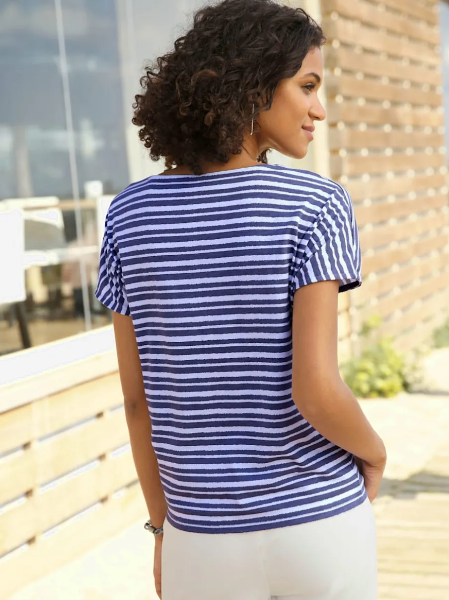 T-shirt femme col rond à rayures avec manches courtes