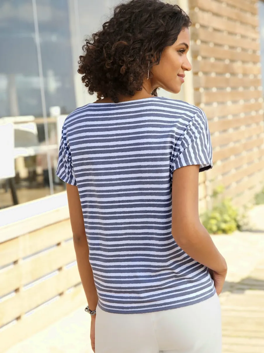 T-shirt femme col rond à rayures avec manches courtes