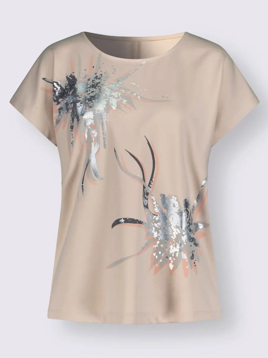 T-shirt floral à col rond avec pierres brillantes