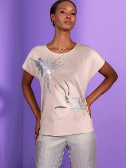 T-shirt floral à col rond avec pierres brillantes