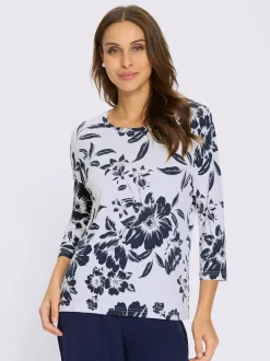 T-shirt floral à encolure ronde et manches 3/4 en viscose