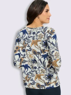 T-shirt floral à encolure ronde et manches 3/4