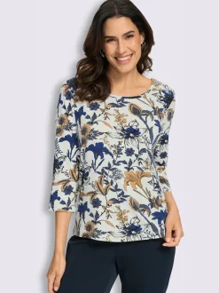 T-shirt floral à encolure ronde et manches 3/4