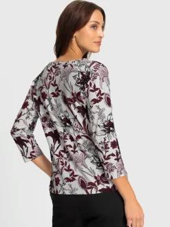 T-shirt floral à encolure ronde et manches 3/4